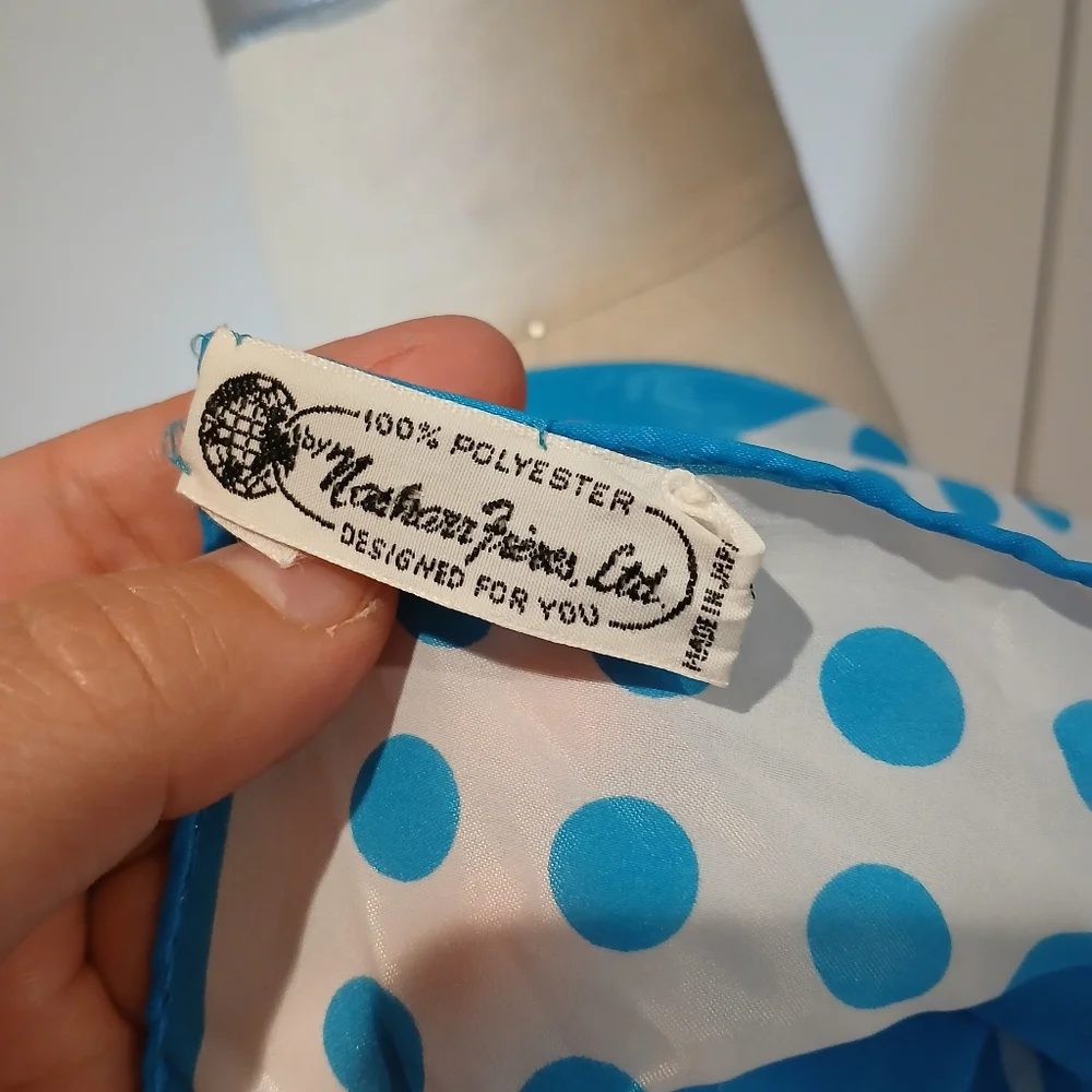 Vintage Nashar Freres LTD Baby Blue & White Polka Dot and Square Scarf Kercheif